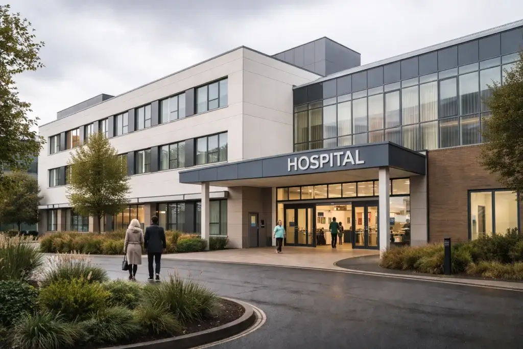 Exterior of a modern hospital building with people entering and leaving the main entrance.