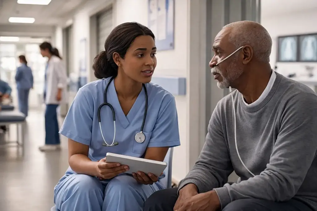 Nurse discussing respiratory care with an older patient using oxygen therapy in a hospital corridor.