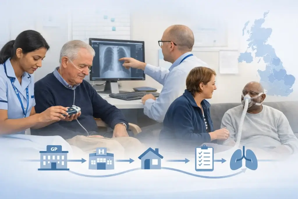 Healthcare professionals supporting patients with respiratory conditions across different care settings, with a visual pathway showing GP, hospital, community care, assessment, and lung health outcomes.