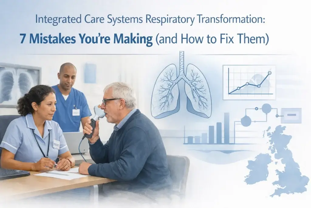 Healthcare team reviewing respiratory care with a patient using a breathing test device, and the text “Integrated Care Systems Respiratory Transformation: 7 Mistakes You’re Making (and How to Fix Them)” with graphic icons of lungs, charts, and a UK map.
