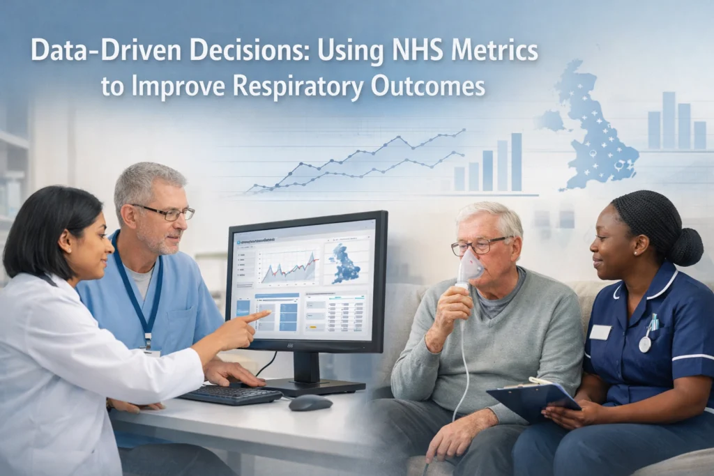 Clinicians reviewing NHS respiratory data on a computer screen with the text “Data-Driven Decisions: Using NHS Metrics to Improve Respiratory Outcomes,” while supporting an older patient using oxygen therapy.