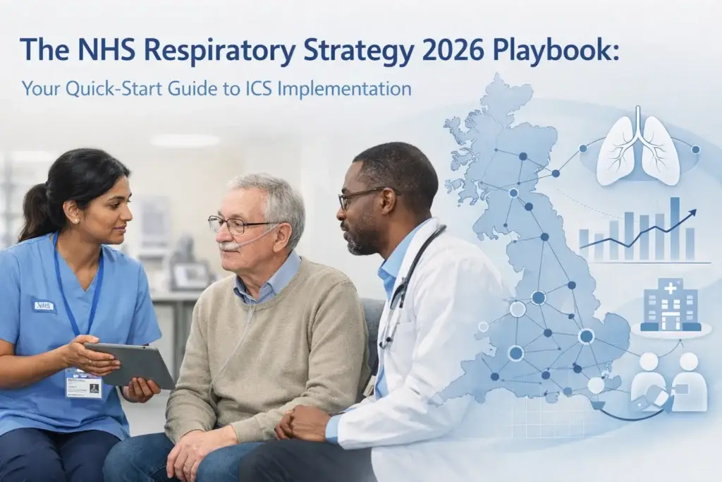 Clinicians discussing respiratory care with an older patient, alongside the text “The NHS Respiratory Strategy 2026 Playbook: Your Quick-Start Guide to ICS Implementation,” with graphics showing a UK map, lungs, and respiratory data trends.
