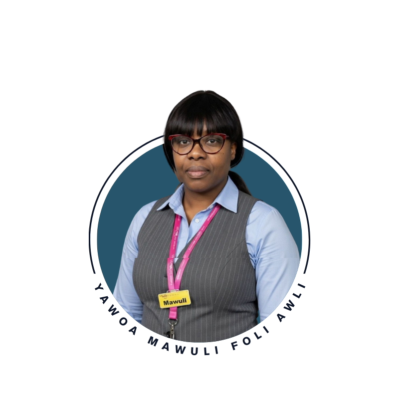 Portrait of Yawoa Mawuli Foli Awli smiling, wearing glasses and a lanyard.