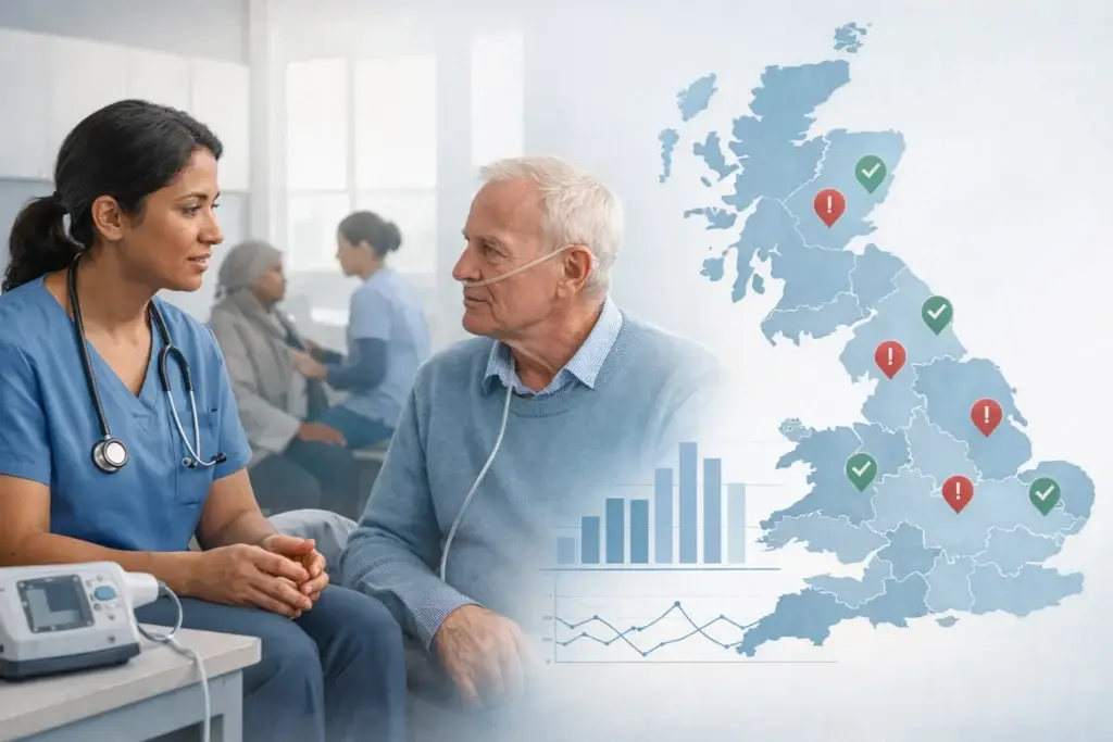 Nurse speaking with an older patient using oxygen therapy, alongside a UK map showing regional variation markers and charts representing differences in respiratory outcomes.