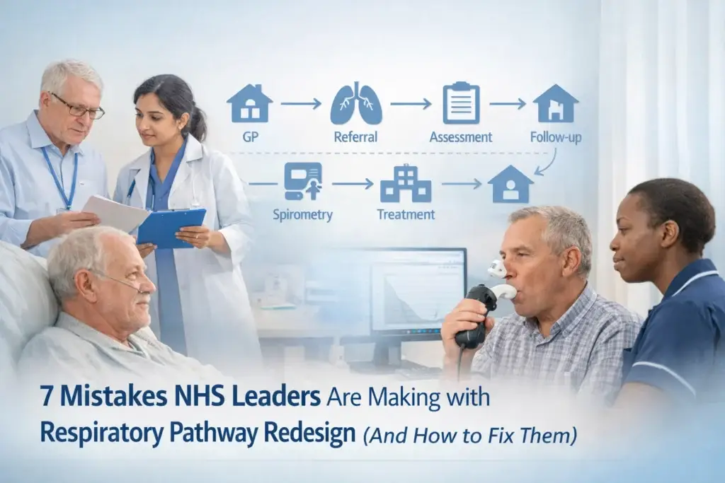 Healthcare professionals reviewing respiratory service planning data with the text “From Policy to Practice: Turning Respiratory Strategy into Real-World Impact,” alongside visual icons representing NHS pathways, data analytics, and patient care.