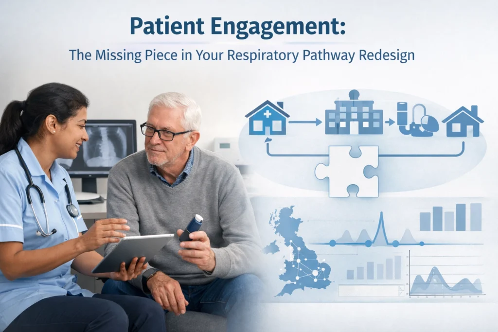 Nurse discussing care with an older patient holding an inhaler, alongside the text “Patient Engagement: The Missing Piece in Your Respiratory Pathway Redesign” and graphic icons representing healthcare pathways and UK respiratory data.